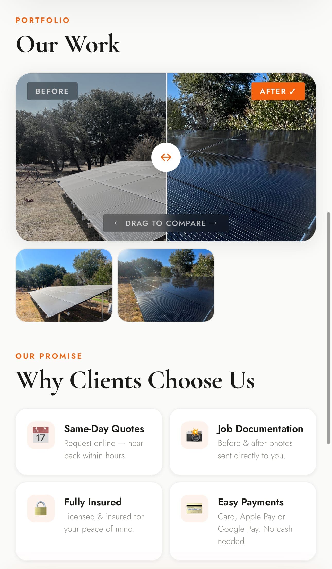 Opervo folio for a solar panel cleaning operator showing services and before/after photos