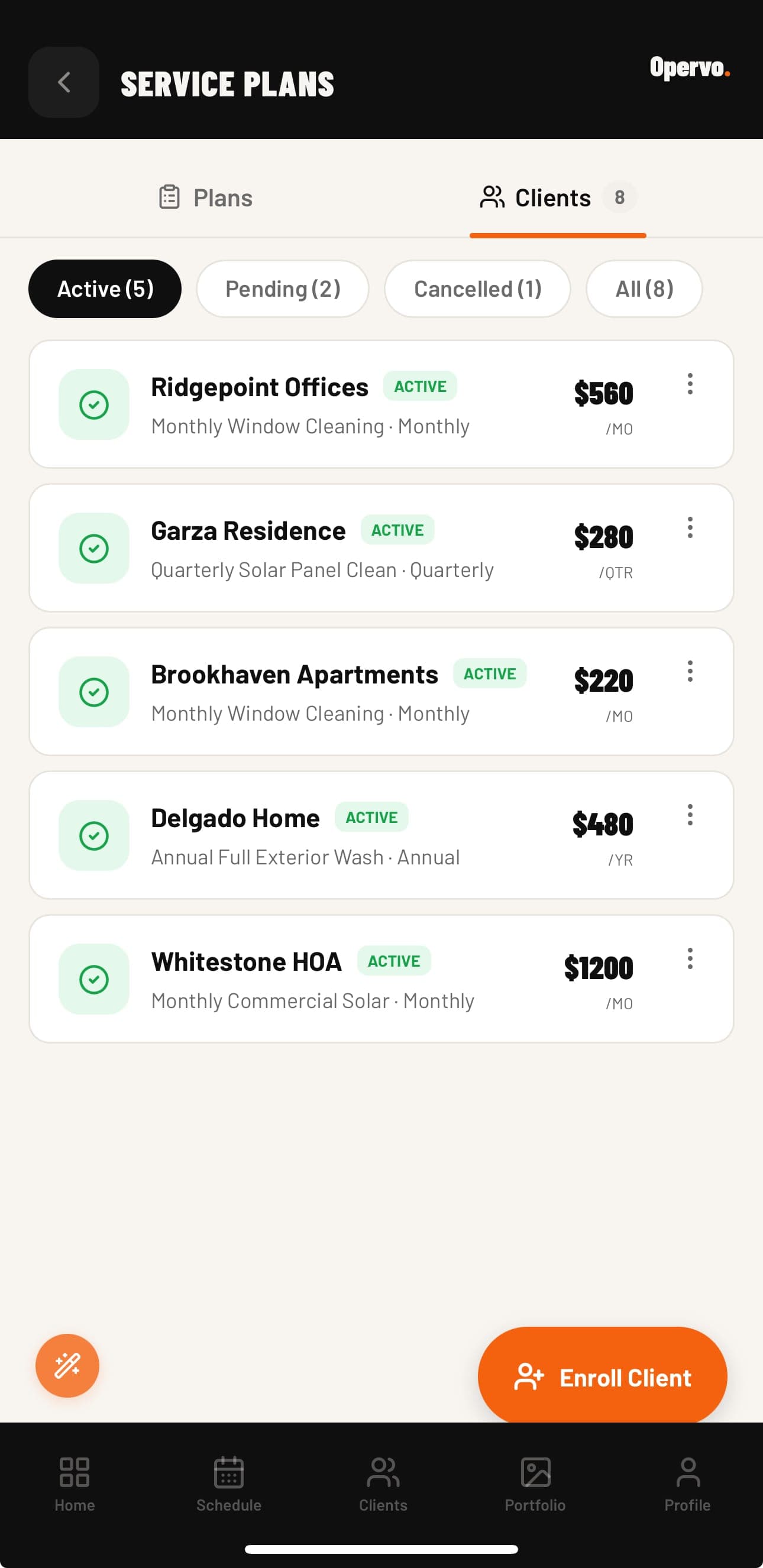 Opervo recurring service plan and schedule example on a phone