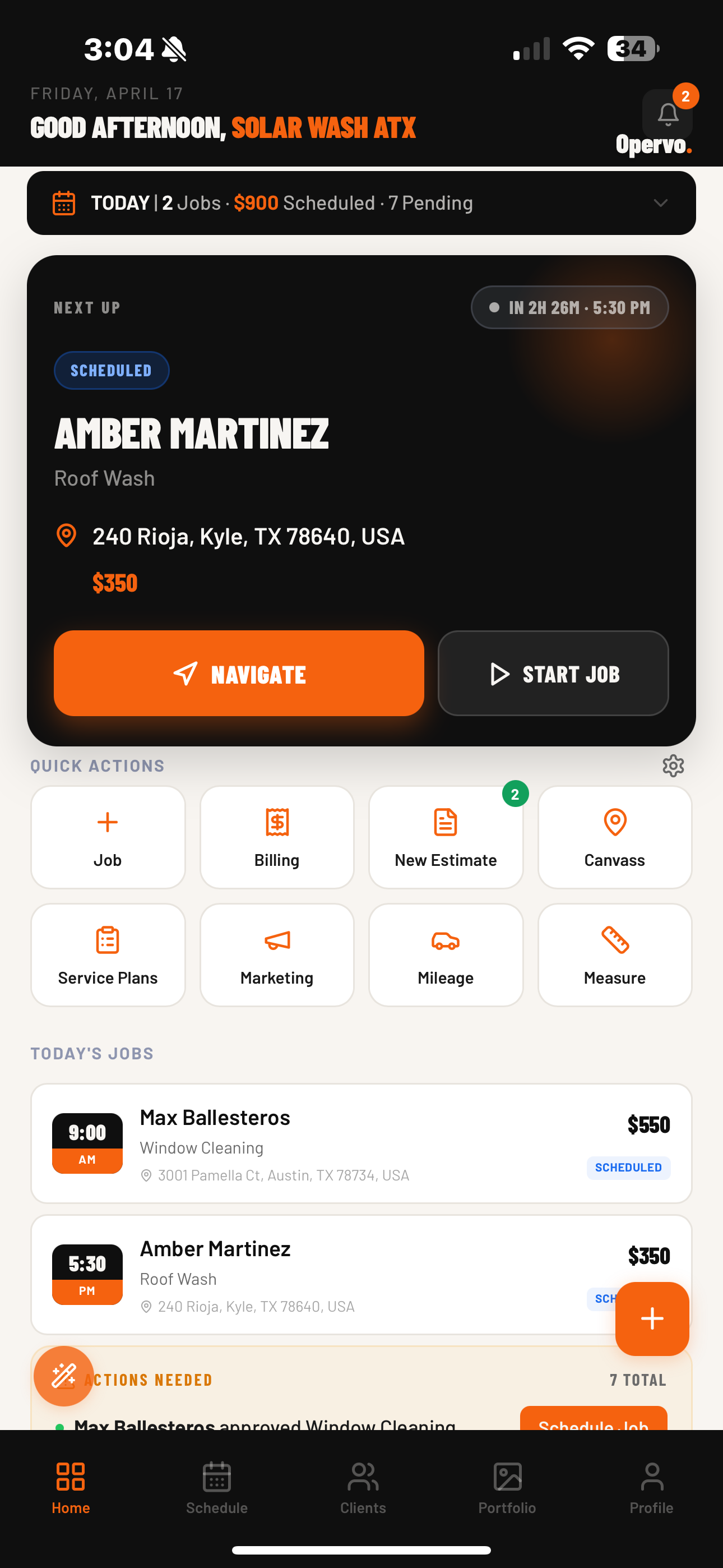 Opervo dashboard: Next Up job card, quick actions, today's schedule