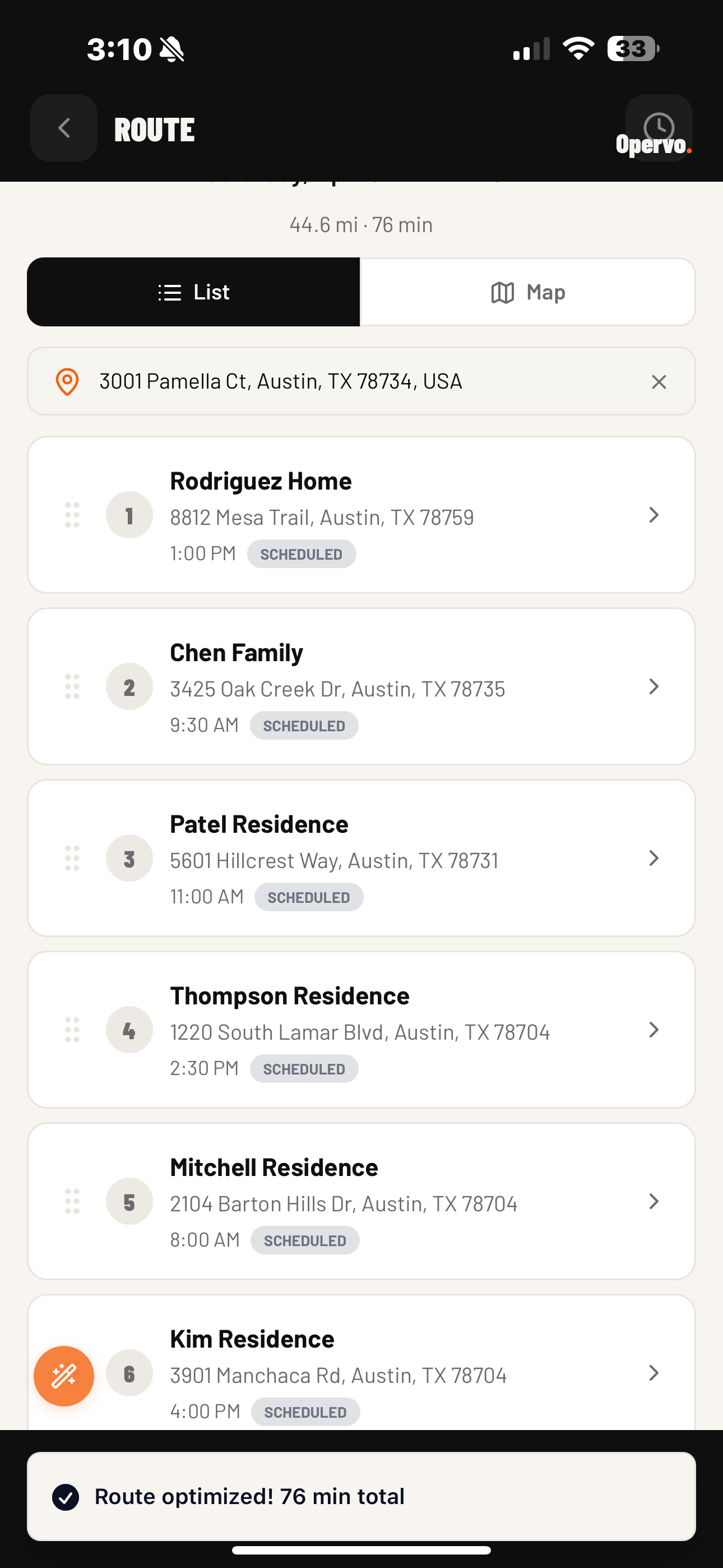 Opervo route optimizer: 6 stops optimized, 44.6 miles, 76 minutes