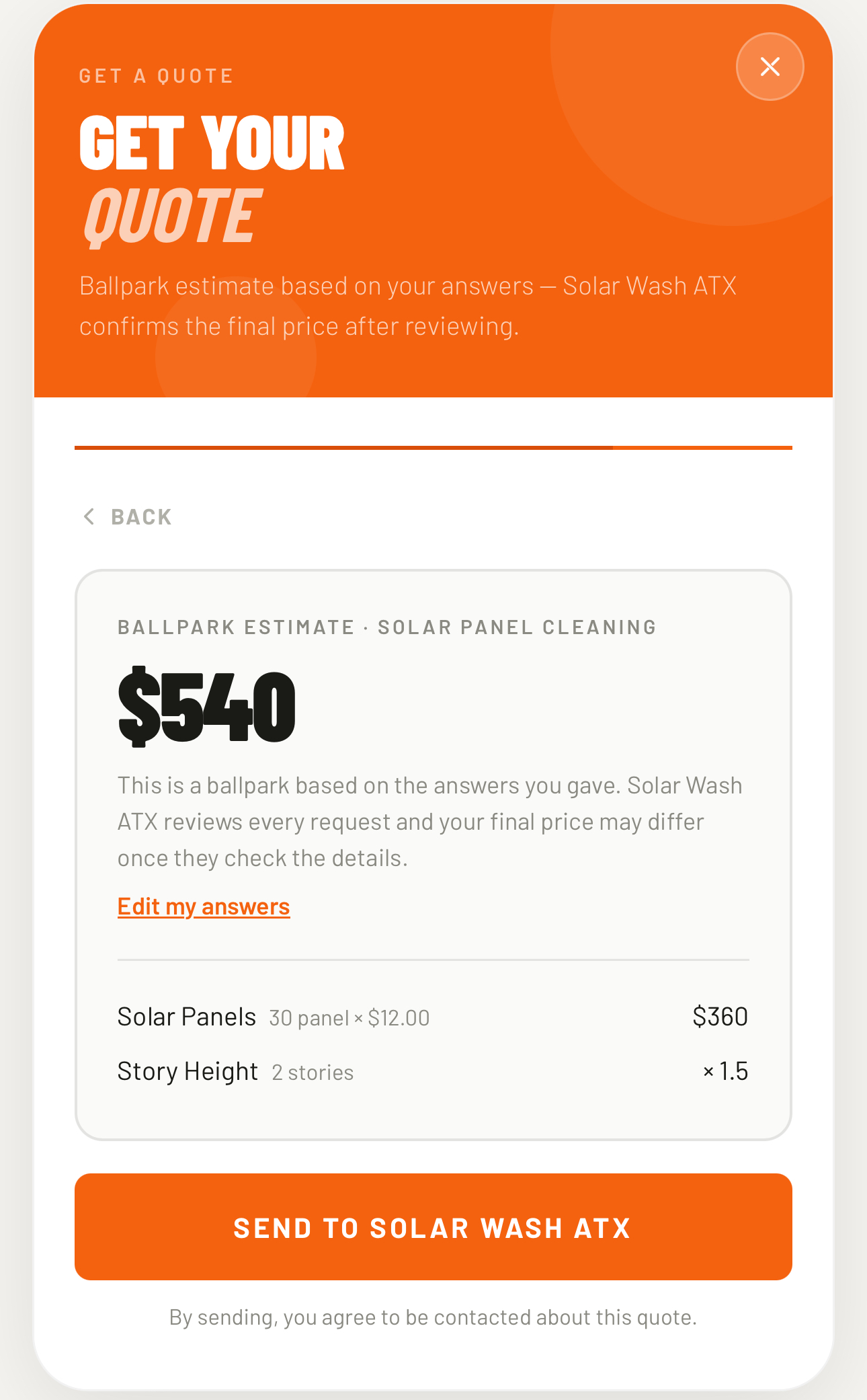 Customer's instant quote screen showing a real ballpark price the moment they ask